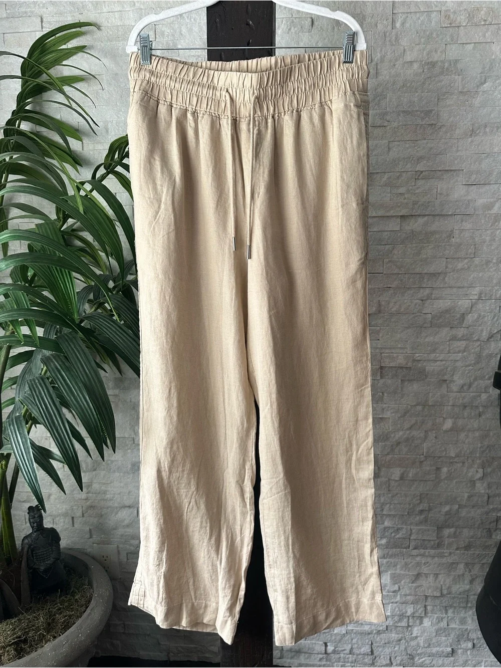 Quince European Linen Wide Leg Pull On Driftwood Tan Pants L New with Tags